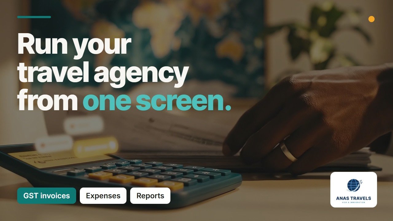 Anas Travels demo: run your travel agency from one screen, with GST invoices, expenses and reports.